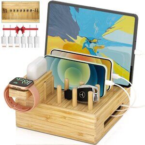 Bamboo 7 Port USB Fast Charge Station- Multiple Devices w/ Watch & Airpod Stand